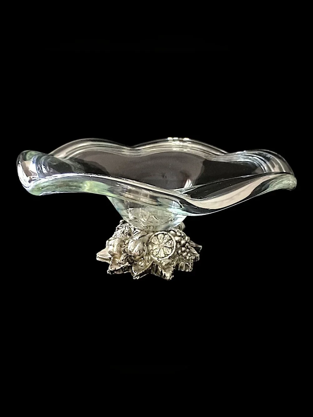 Vintage Murano Cristal Line Compote Bowl Dish Silver Tone Fruit Pedestal Italy